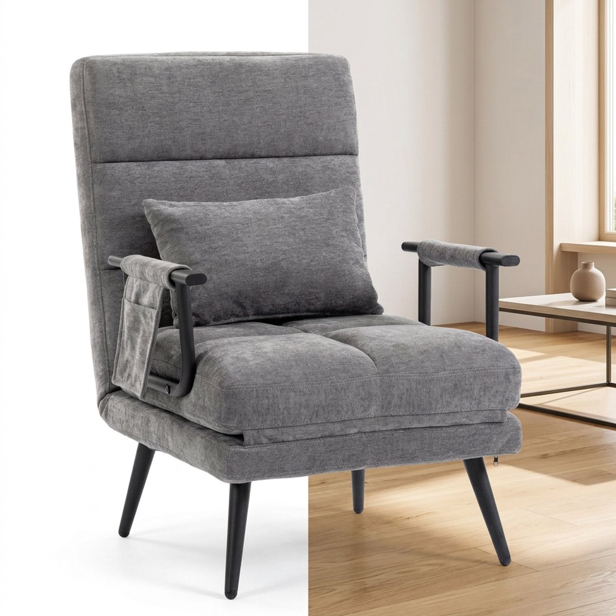 Slaapbank - Uitklapbaar - Slaapstoel - Logeerbed - Zetelbed - Slaapfauteuil - Vouwbed - 1 persoon - Zeer comfortabel - Grijs+Zwart