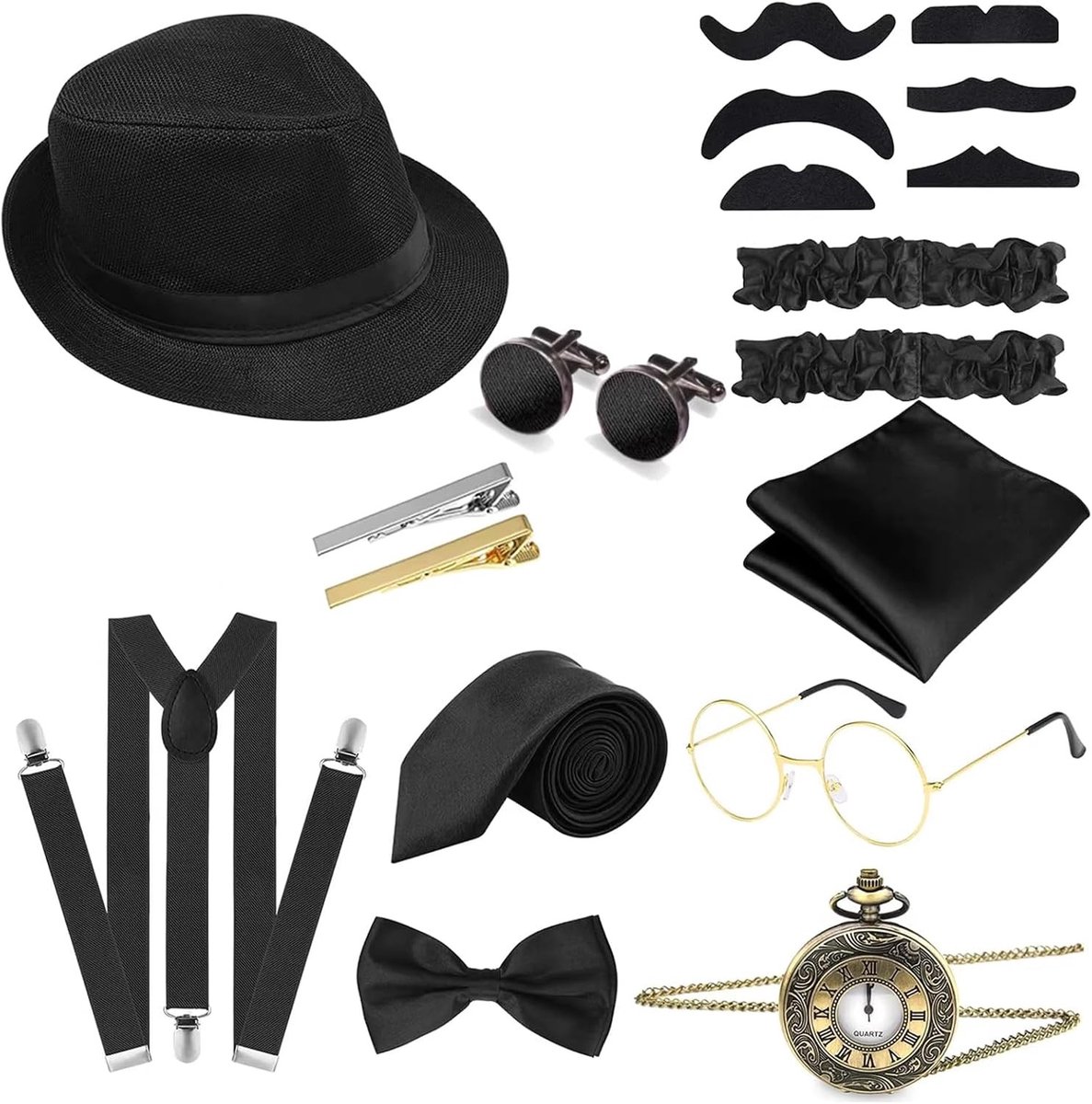 Complete 1920s Kostuumaccessoires Set voor Mannen met Hoed, Zakhorloge, Vlinderdas, Bril en Bretels voor Feestjes en Thema-avonden