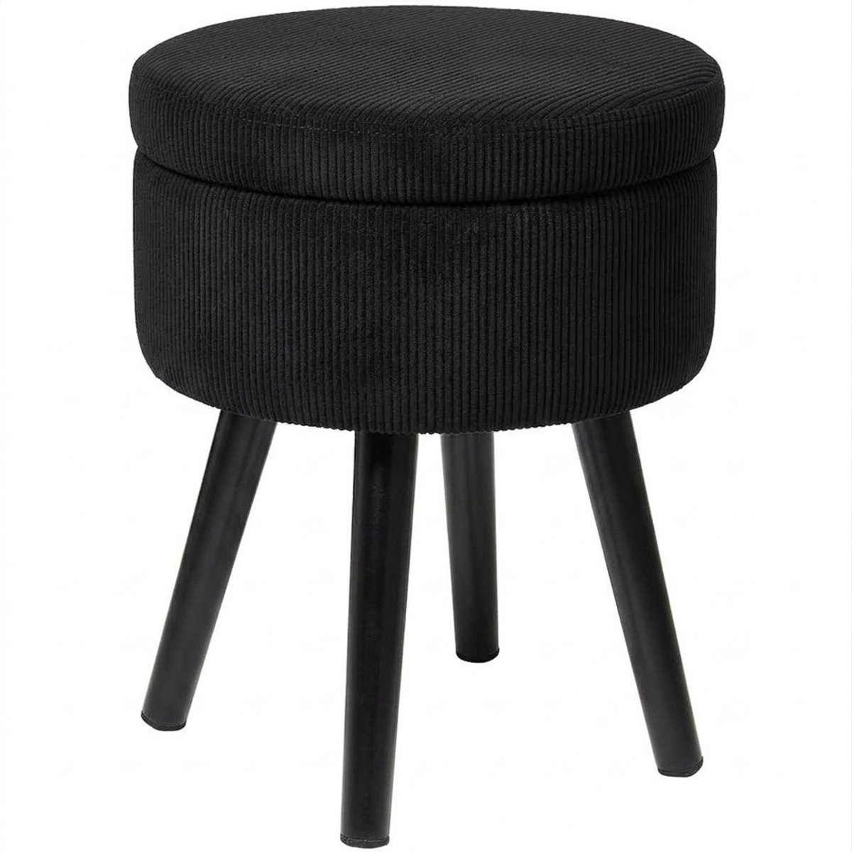 HÜSQ ronde Poef met Opbergruimte - Hocker - Opbergpoef met Deksel - ribfluweel - corduroy - zwart