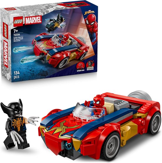 LEGO Marvel Spider-Man auto versus Venomized Wolverine speelgoed. Een rode, blauwe en gouden auto met LEGO minifiguren van Spider-Man en Venomized Wolverine.