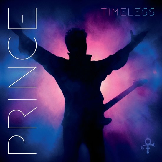 Silhouet van Prince met uitgestrekte armen, gitaar in de hand, tegen een roze en blauwe rookachtige achtergrond. Titel "TIMELESS" in witte letters.