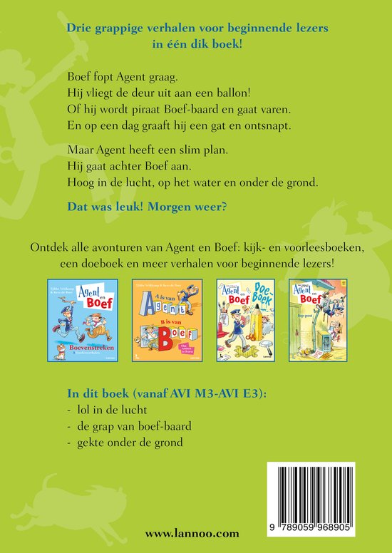 Boek met vier kinderboeken: Agent en Boef, Agent en Boef is van Boef, Agent en Boef met de post, Agent en Boef op het ijs.