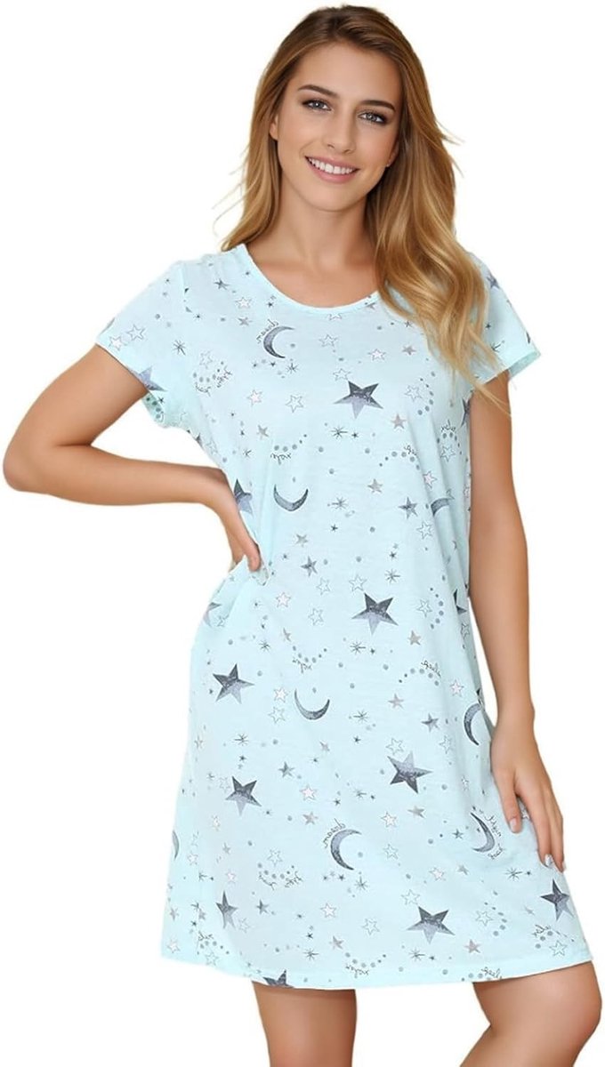 Katoenen Nachtjapon voor Dames met Korte Mouwen en Print - Ideaal voor Zomer, Slapen en Loungewear