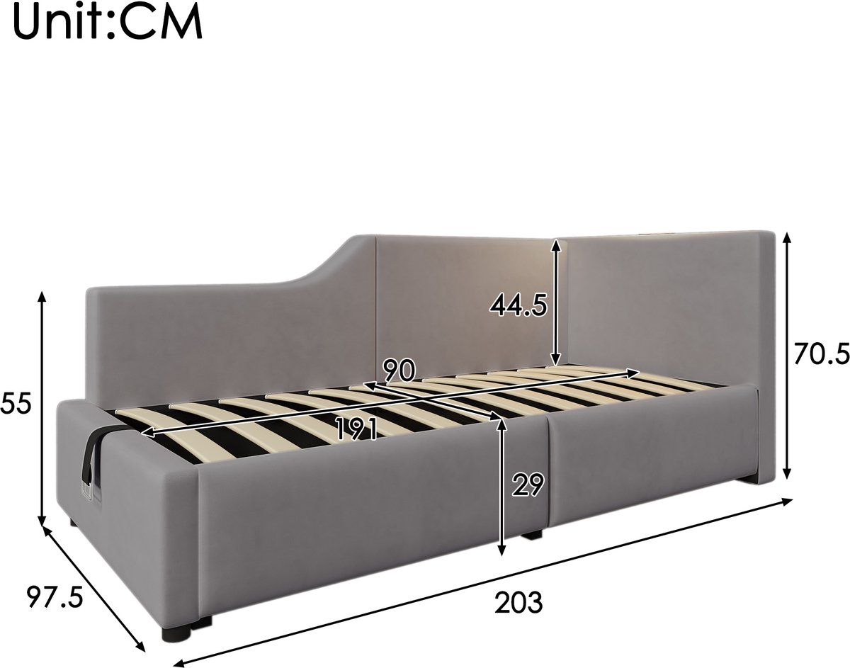 WUVRIE Bedbank 90x190 cm met hydraulische opbergruimte, leeslamp en USB-C, grijs fluweel