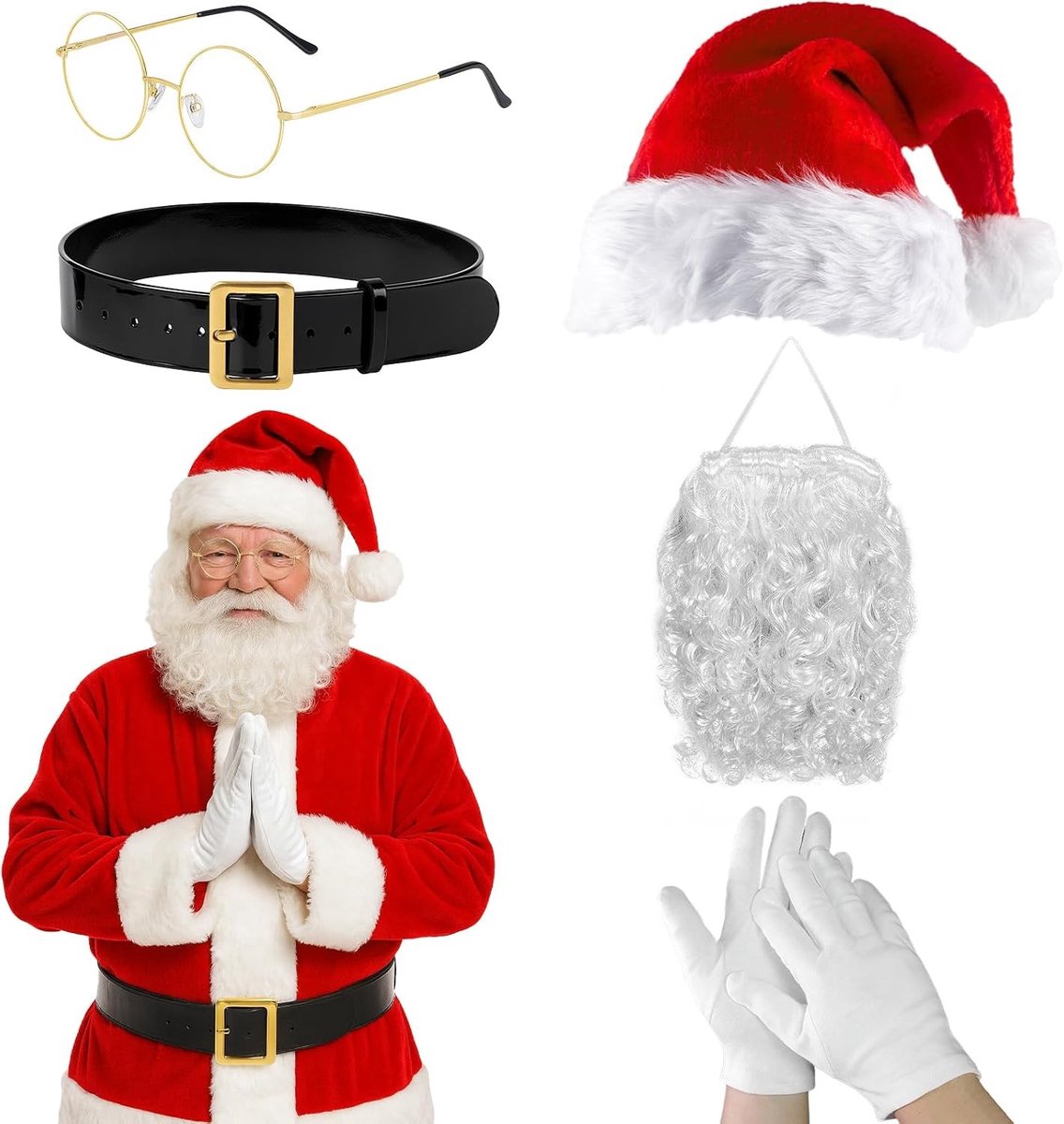 Vijfdelige Kerstman Kostuum Set met Witte Baard, Bril, Handschoenen en Riem voor Volwassenen Cosplay Accessoires