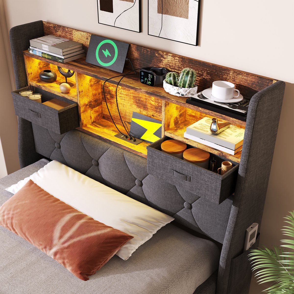 WUVRIE Gestoffeerd bed 90x200 cm met LED, opbergruimte en USB/Type-C, grijs