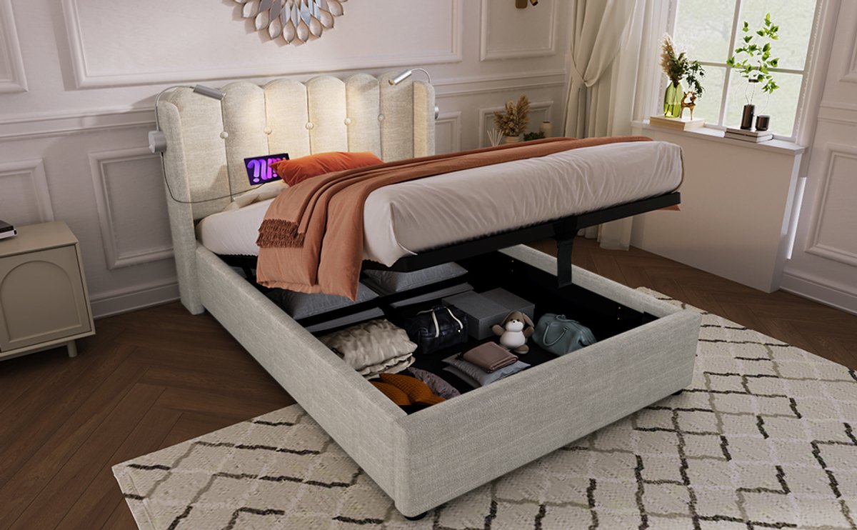 WUVRIE Normaal bed 90x200 cm met opbergruimte, leeslamp en USB, naturel