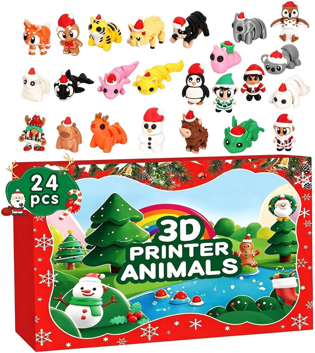 Kerstverrassingsdoos - 3D-geprinte dierenpoppetjes adventskalender - 24 dagen mini-dierenthema - Stressverlichtend speelgoed voor kinderen - Perfect als kerstcadeau.