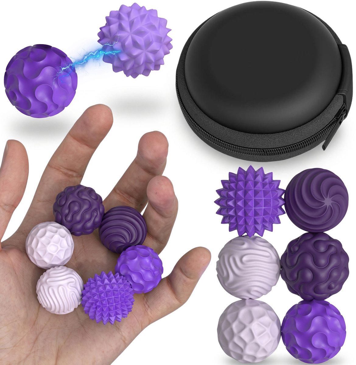 Magnetische SENSORISCHE ANTISTRESS ballen, SET 6 st. paarse siliconen balletjes + ETUI