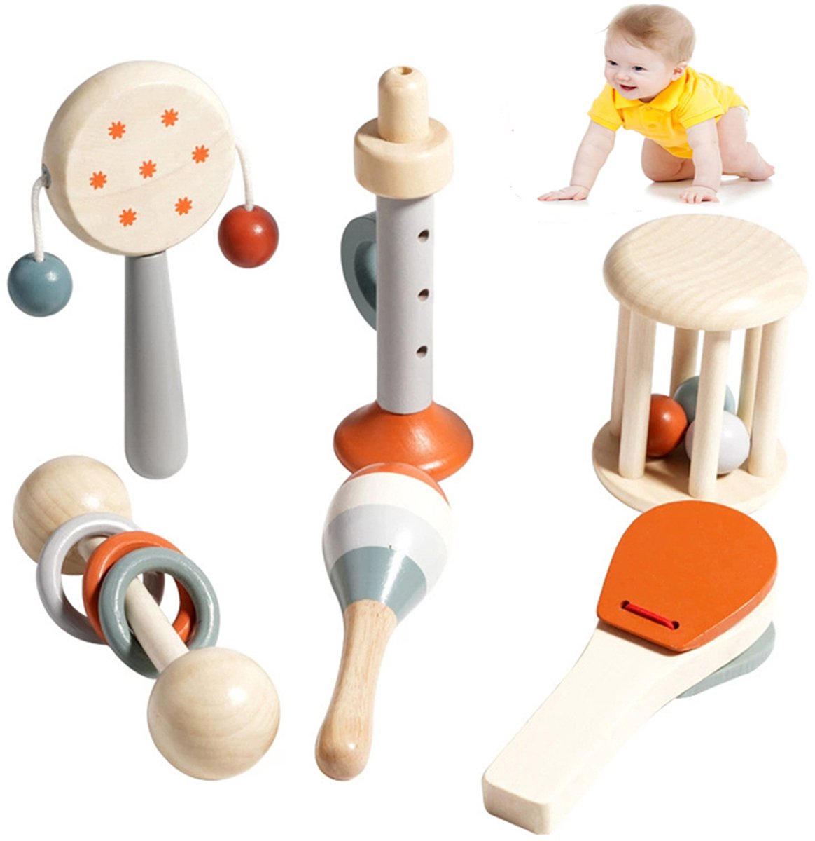 6-delige Houten Muziekinstrumenten Set - Montessori Speelgoed Voor Peuters - Houten Percussietrommel - Montessori Muziekset Voor baby's - Maraca, Rammelaars, Trompet en Castagnet - Muziek Cadeau Voor Kinderen