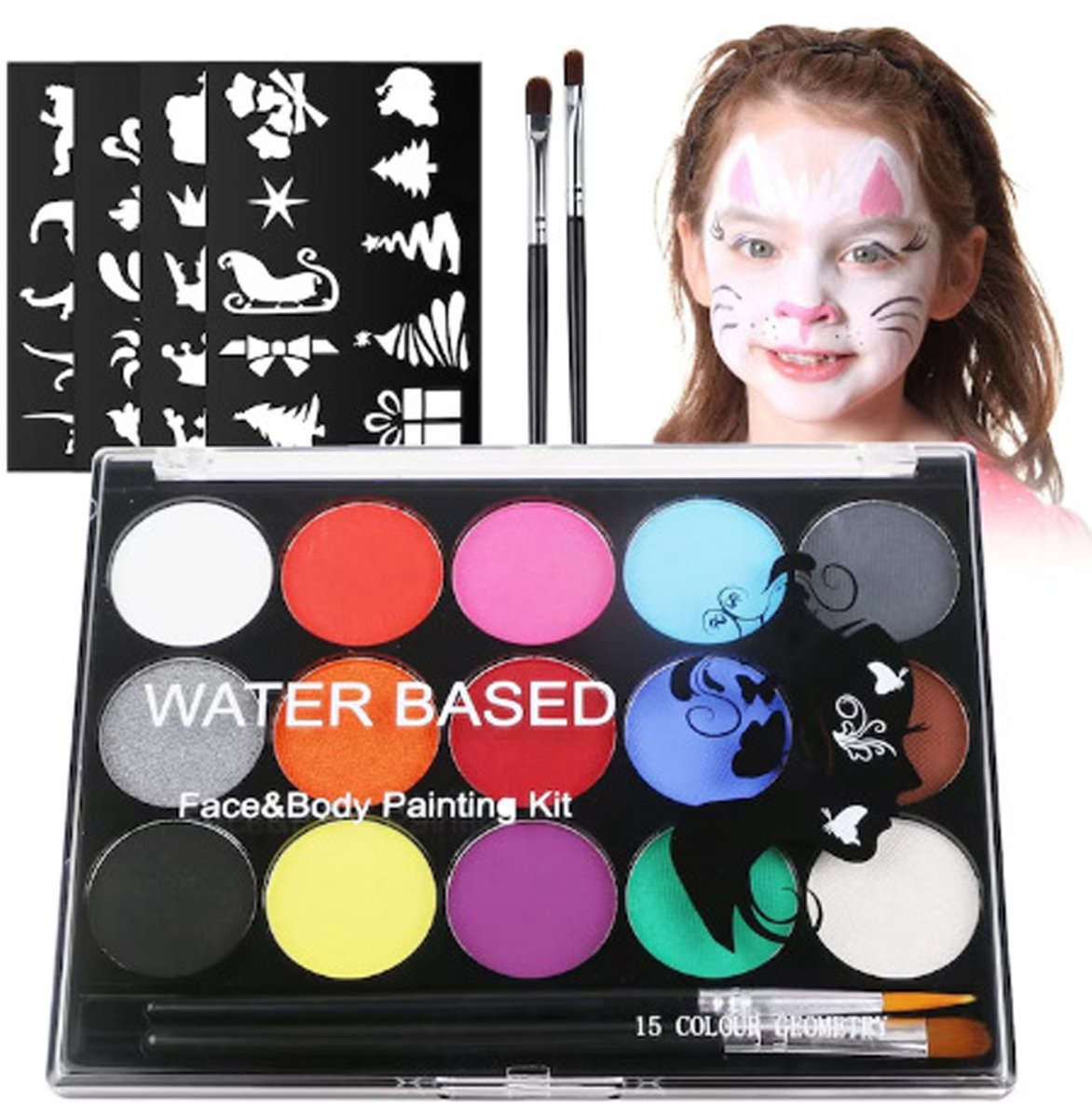 Gezichtsschilderset - 15-delige Waterverf Make-up Set met Stencils en Penselen - Professionele Bodypainting voor Halloweendecoratie - Veilig en Hypoallergeen - Gemakkelijk Aan te Brengen - Inclusief 2 Kwasten en Stencils - Geschikt voor Feestjes