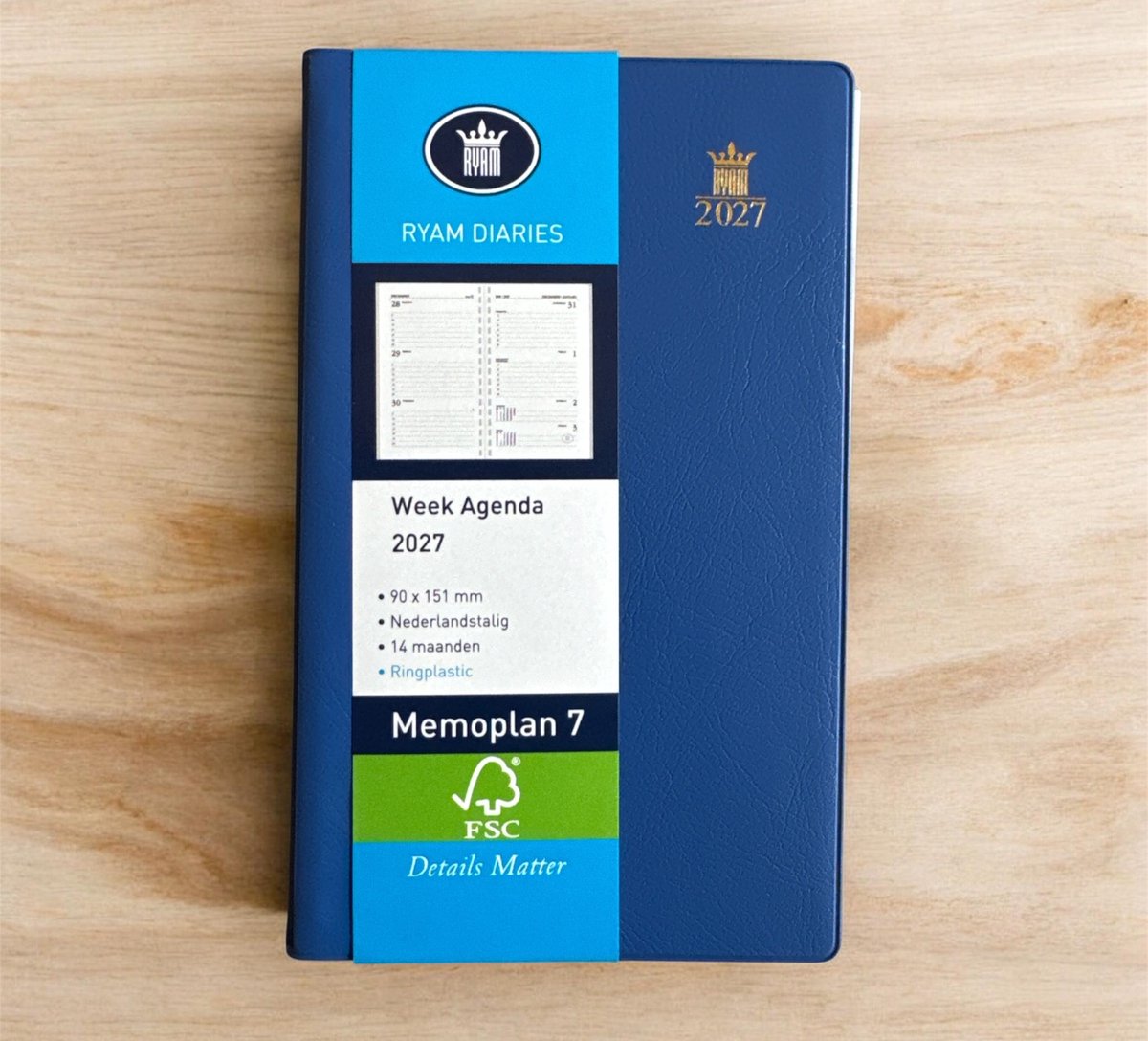 Ryam Zakagenda 2027 - Memoplan 7 - BLAUW - Zachte Kaft met Ringband en Alfabet (9cm x15cm)