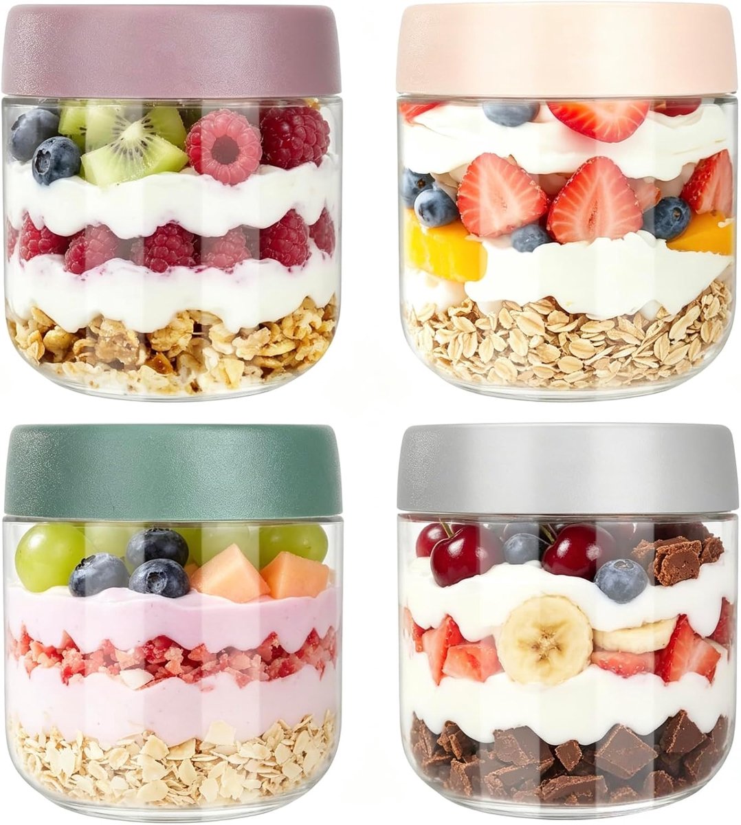 Overnight Oat Potjes van 300 ml, luchtdicht, Meal Prep Glazen met Schroefdeksel, Meal Prep Glazen voor Smoothies, Chia Pudding, Jam, Chutney
