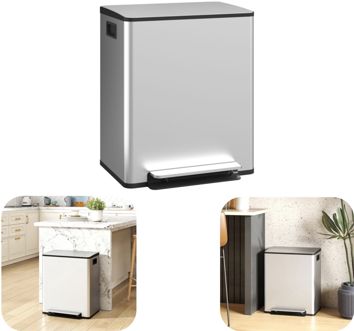 Prullenbak - Gescheiden prullenbak - RVS prullenbak - Voetpedaal prullenbak - Met standaard - Grote capaciteit - Makkelijk schoon te maken - Afneembare binnenemmer - Keukenaccessoires - Geschikt voor keuken, woonkamer, slaapkamer (zilver, 47,7*56 cm)