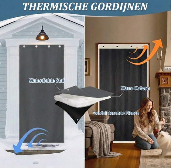 Donkergrijs thermisch gordijn voor een deur, met waterdichte stof, warm katoen en verduisterende fleece. Links aan de buitenkant met sneeuw, rechts binnen bij een open haard.
