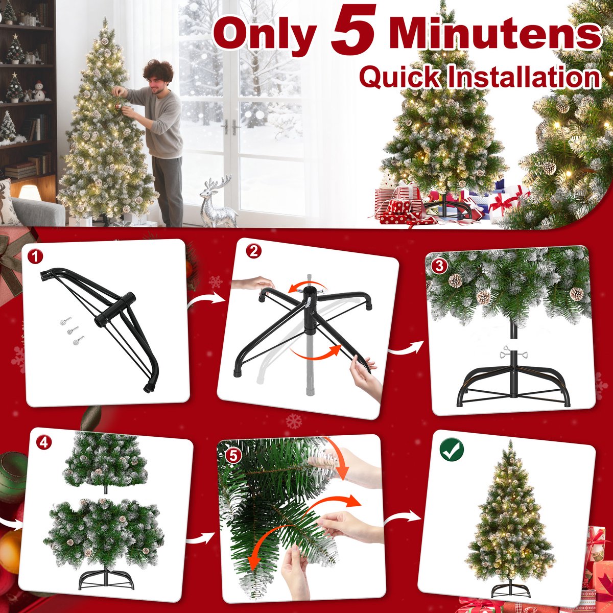 Kunstkerstboom 150 cm met LED Verlichting - Brandvertragend PVC - met Sneeuw en Dennenappels - Metalen Voet - Kerstdecoratie voor Huis en Etalage - NAIZY – foto 3