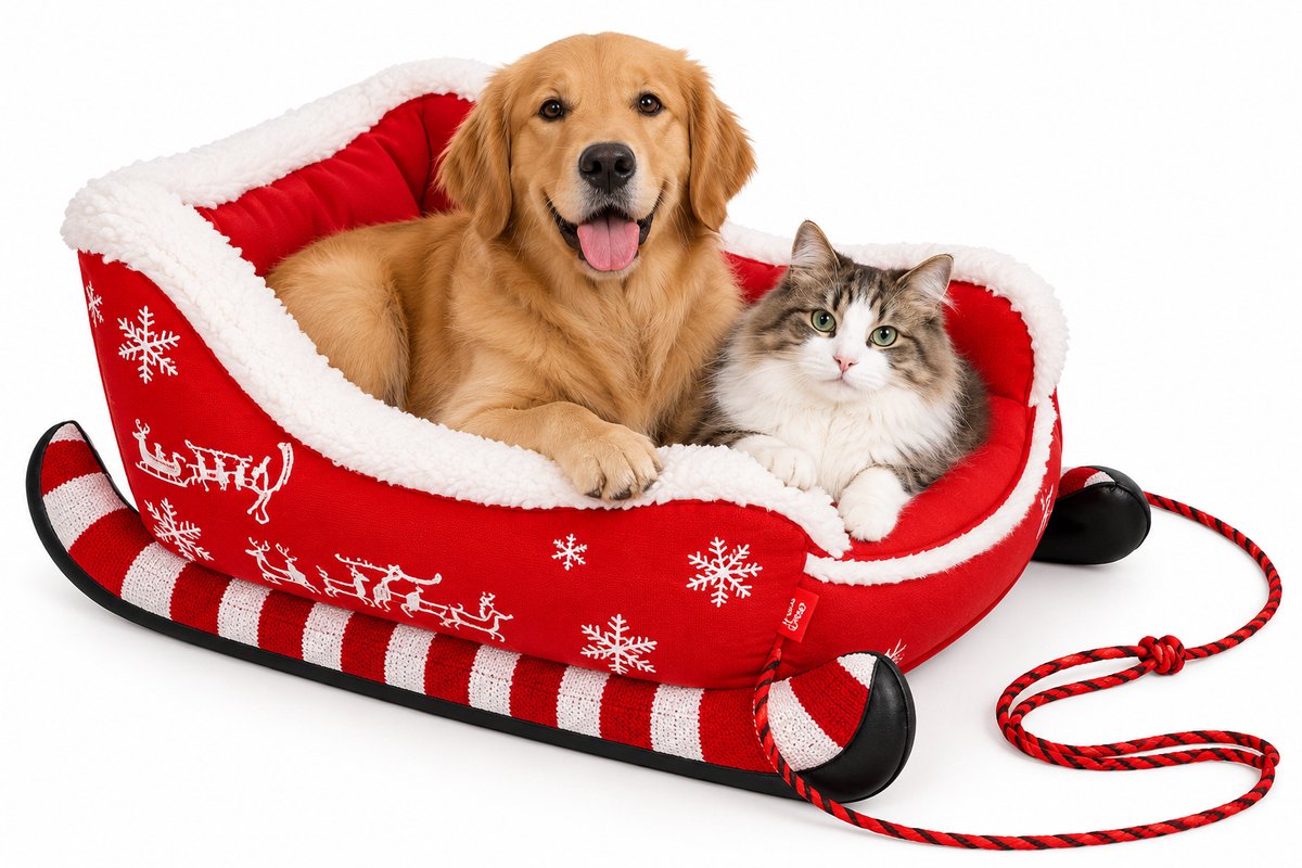 VILIMA - Hondenmand - Kattenmand - Kerstmand - Kerst slee - Kerstdecoratie - Feestelijk design - Comfortabel en zacht - Afneembaar en wasbaar - maat M 65x52x30cm