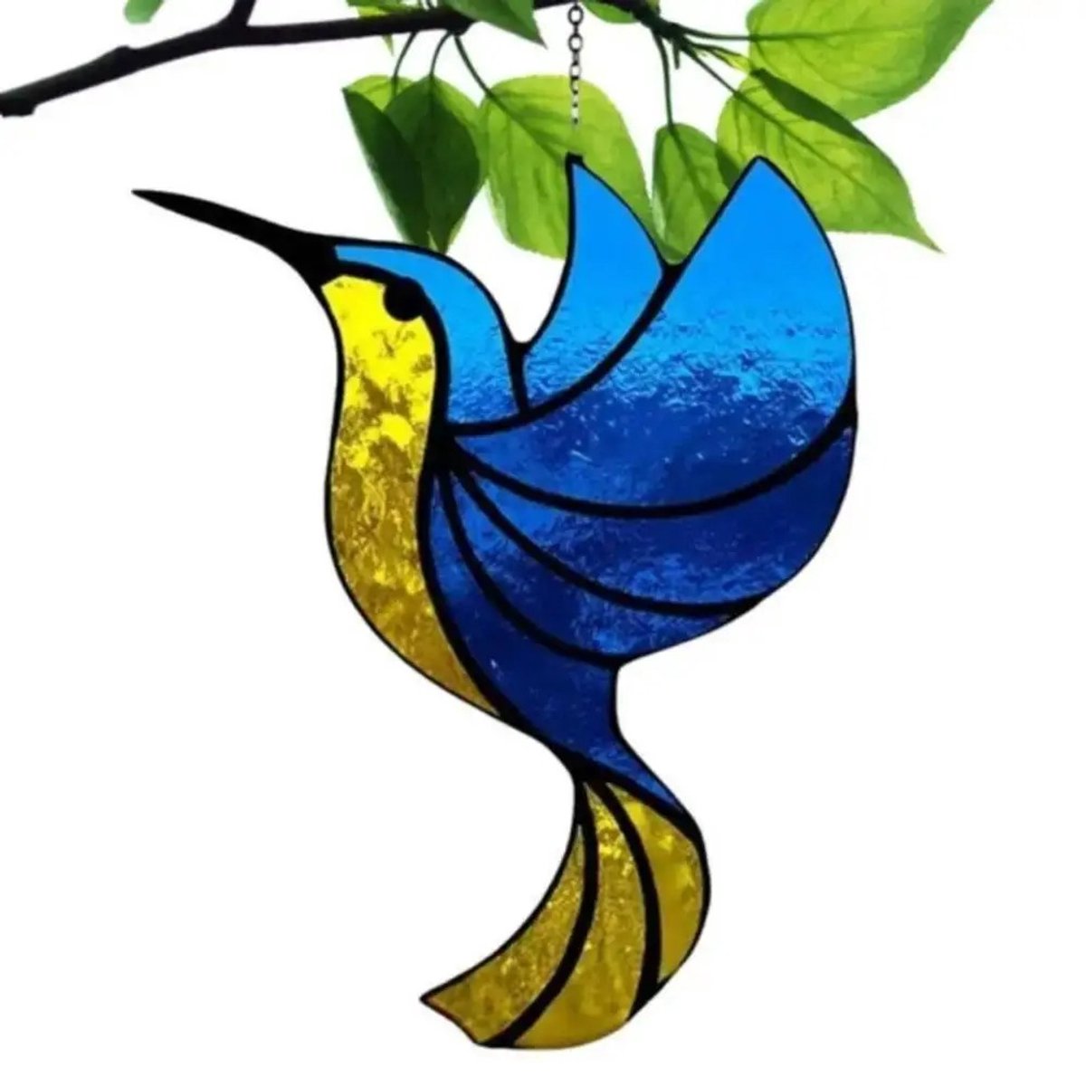Suncatcher Kolibrie Blauw & Geel - Acryl Raamdecoratie Hanger - Glas-in-lood Stijl - 8 cm - Zonnevanger & Kersthanger
