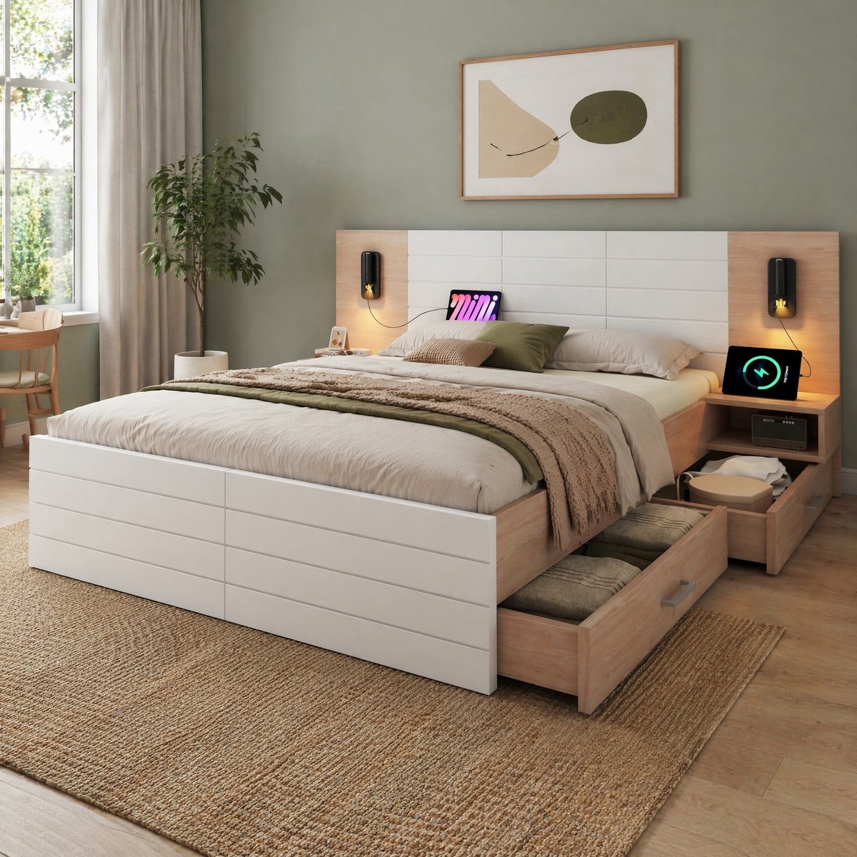 COVREO Bed met 2 lades – 160x200 cm – Ledikant met USB – met leeslamp en nachtkastjes – Wit eiken - zonder matras