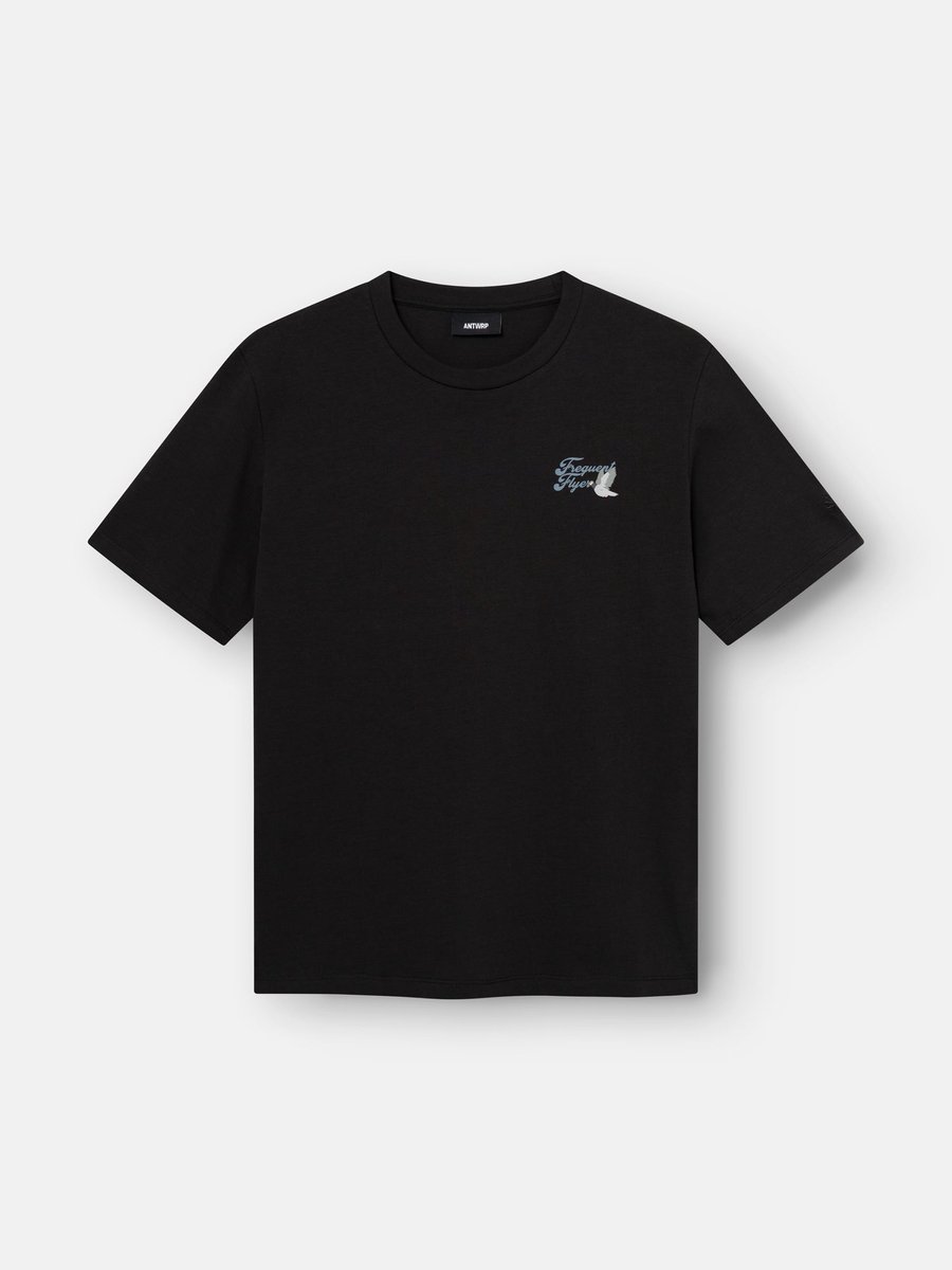 Antwrp T-shirt zwart met kleine duivenprint en tekst op de borst voor heren - L (40)
