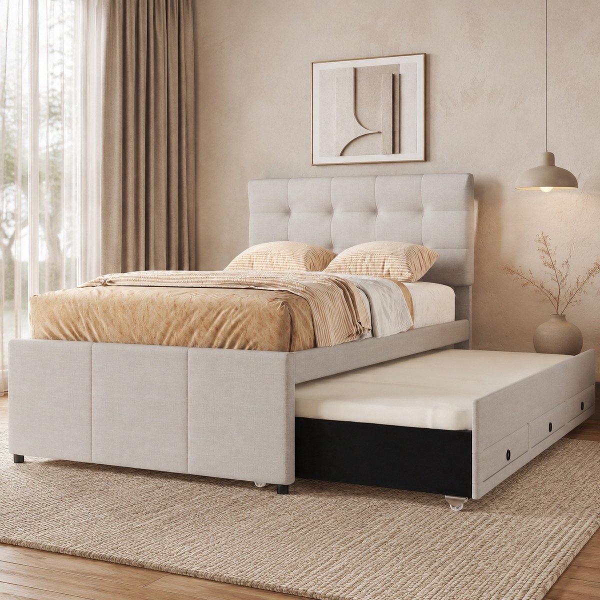 Polsterbett 90x200cm Beige - Familienbett met uitklapbaar bed, 3 lades, verstelbaar hoofdeinde zonder matras