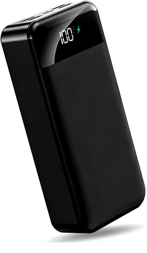 Zwarte powerbank met LED-display dat 100% aangeeft. Compact en glanzend design.