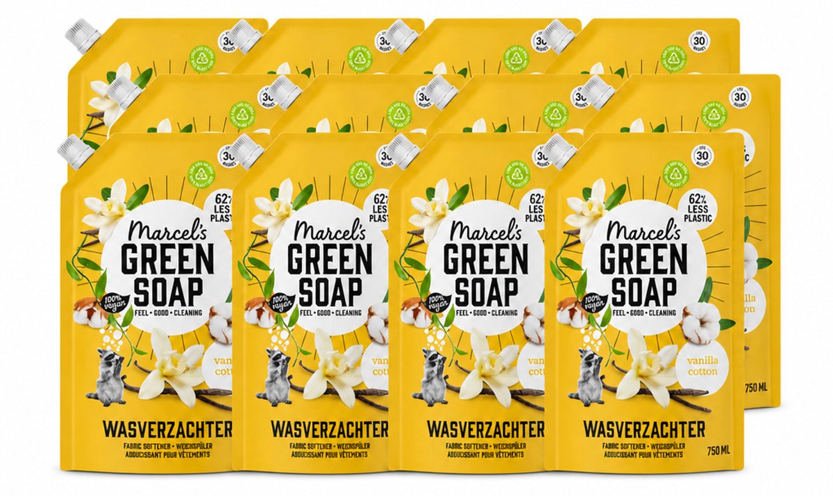 12 x Marcel's Green Soap - Wasverzachter - Navulling - Katoen & Vanille - Zachte frisheid- 30 Wasbeurten - 750 ml - Voordeelverpakking - 12 stuks