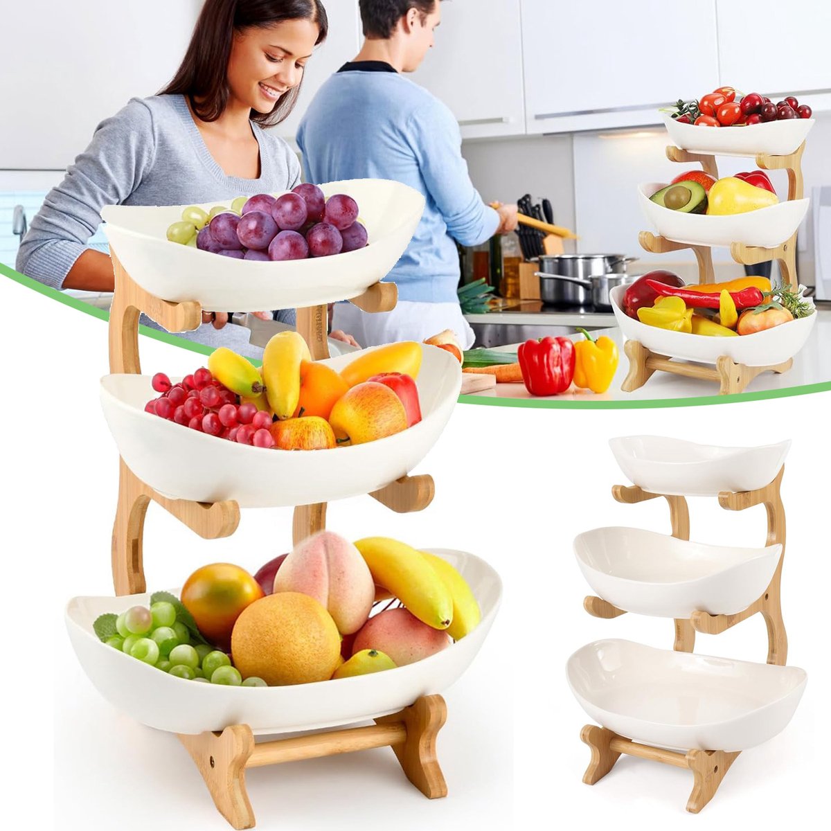 3-Laags Plastic Fruitschaalset - Plastic Kommen Met Bamboe Rek - Snack Organizer Voor Op Het Aanrecht - Fruitmand