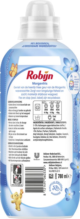 Een fles Robijn Morgenfris wasverzachter, met bloemen en vlinders, en een teddybeer. Met productinformatie en wasinstructies.