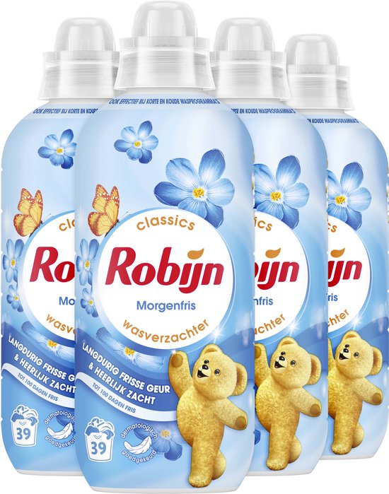 Vier flessen Robijn Morgenfris wasverzachter met blauwe bloemen, vlinders en een teddybeer. Goed voor 39 wasbeurten per fles.