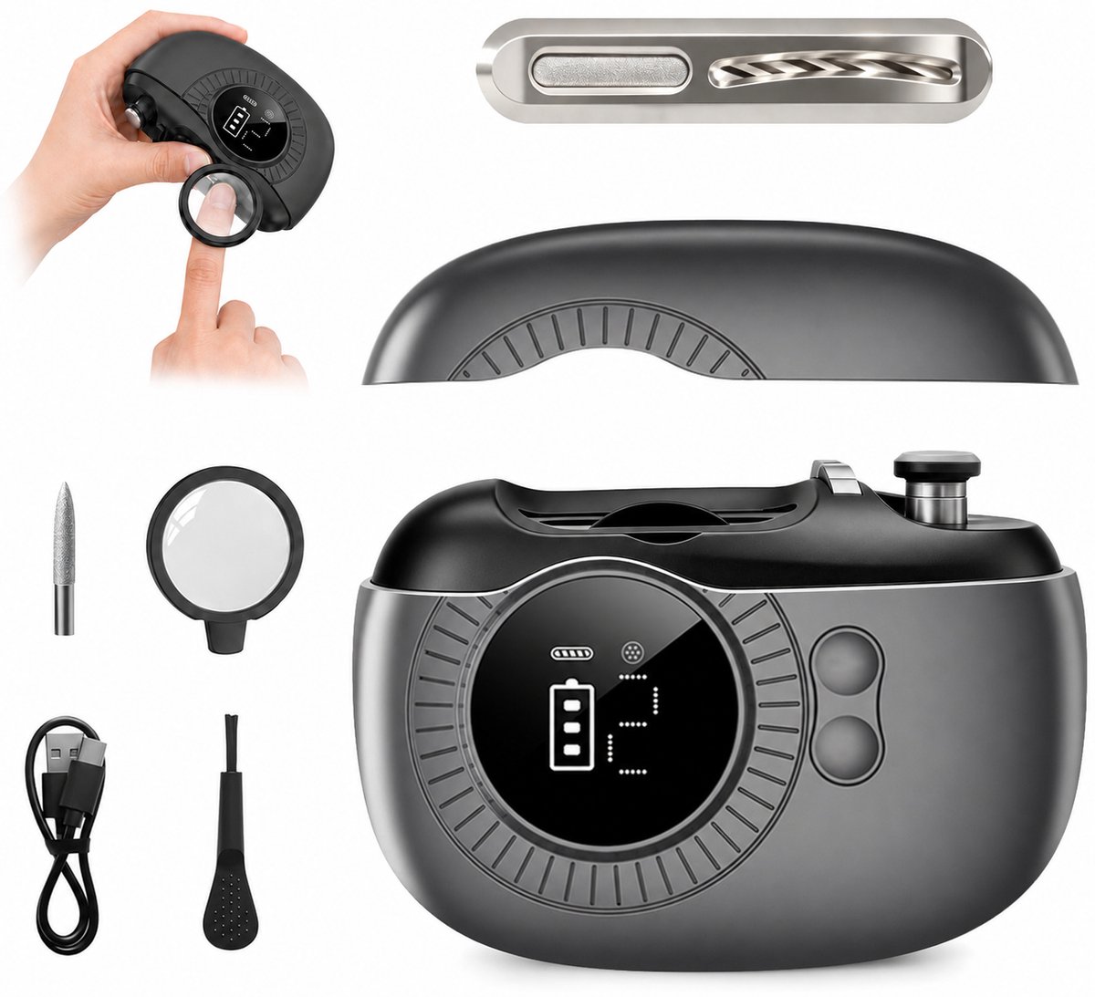 4-in-1 Elektrische Nagelknipper - Nagelfrees - Automatische Nageltrimmer - 2 Snelheden - USB-C - met LED Display Vergrootglas Polijstkop en Opvangbakje - Zwart