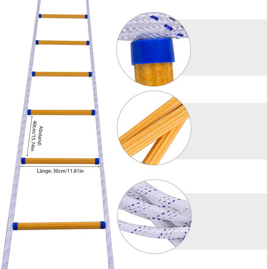 Een brandtrap met gele sporten en witte/blauwe touwen, met details van de constructie.