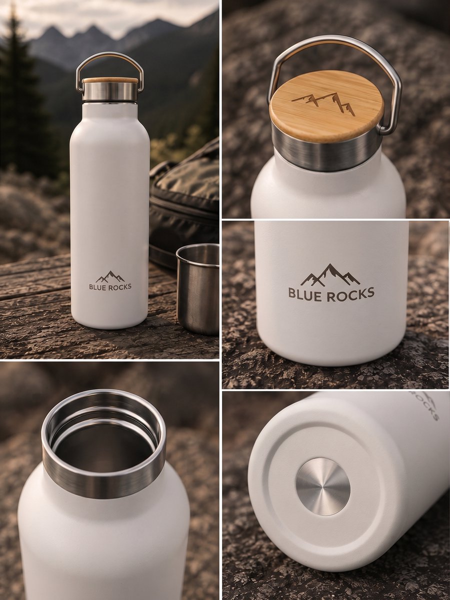 Blue Rocks® - Summit White - Thermosfles 750ml - Waterfles - Dubbelwandige drinkfles - Plasticvrij - Loodvrij - Geisoleerde fles - Warme en Koude dranken - Perfect voor Reizen, Wandelen, Werk, Sport, Yoga - Dagelijks gebruik - RVS - Wit - White thumbnail 2