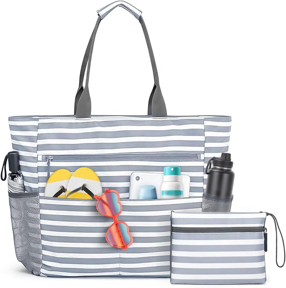 Strandtas - Grijze Strepen - XXL - Waterdichte Shoppertas met Ritssluiting - Voor Dames