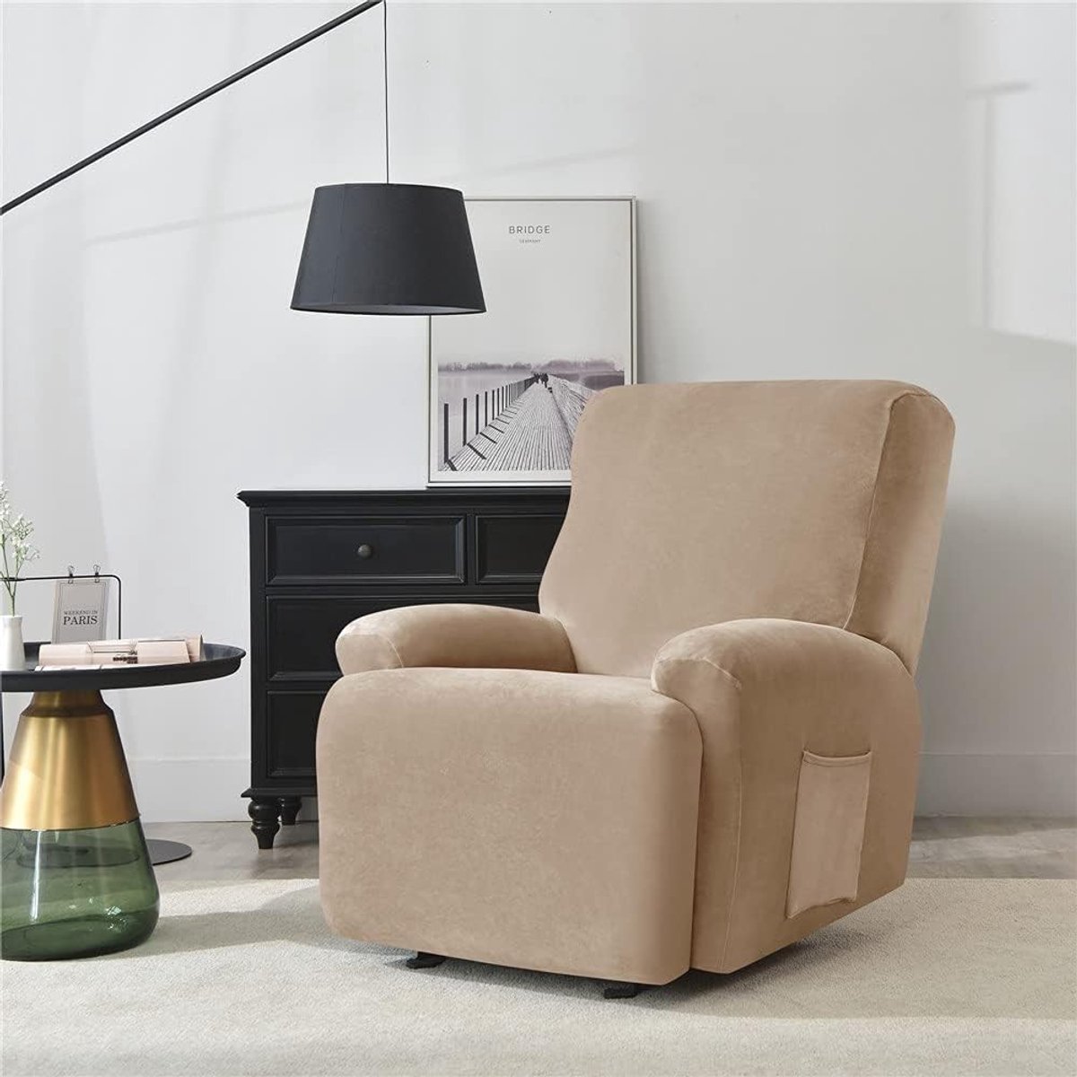 Fauteuilhoes - Camel - Geschikt voor Relaxfauteuils - Rekbare Polyester Spandex - Met Zijvak en Antislip voor Woonkamer