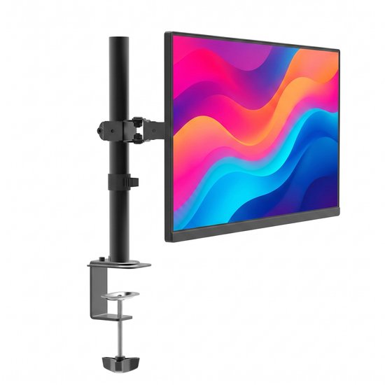 Zwarte monitorarm met een verstelbare klembevestiging en een 27-inch monitor met een kleurrijk, golvend bureaublad.