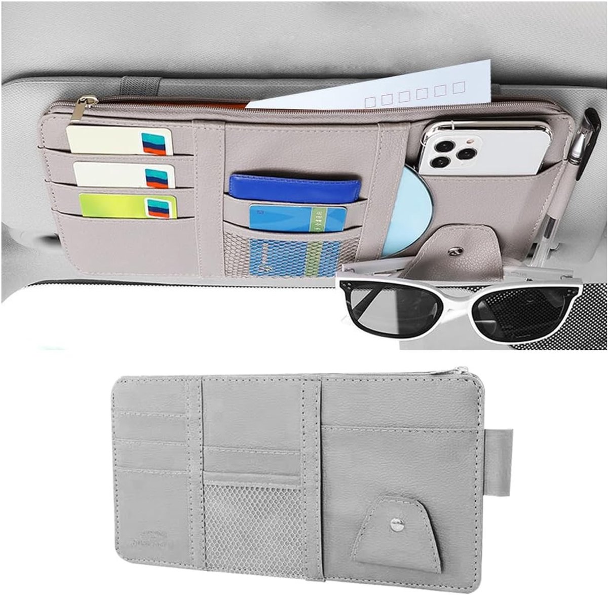 Zonnebrilhouder en Organizer voor Zonnevisors - Handige Opbergoplossing voor Auto-interieur met Rits en Multifunctionele Vakken (Grijs)