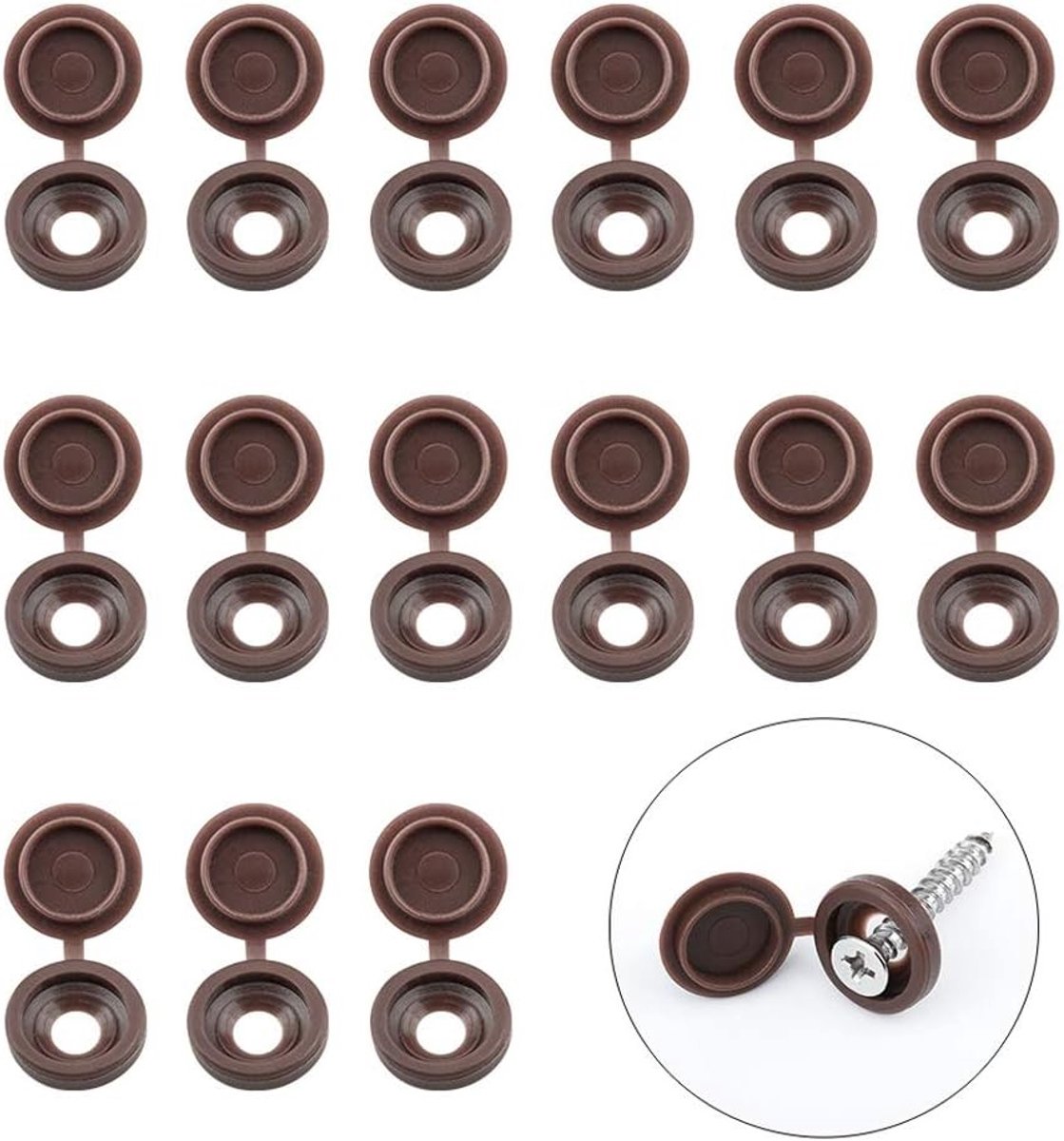 100 Stuks Schroefdoppen Plastic Bruin Hinge Caps met Opbergdoos en Rubber Flip Tops voor Bescherming en Onderhoud