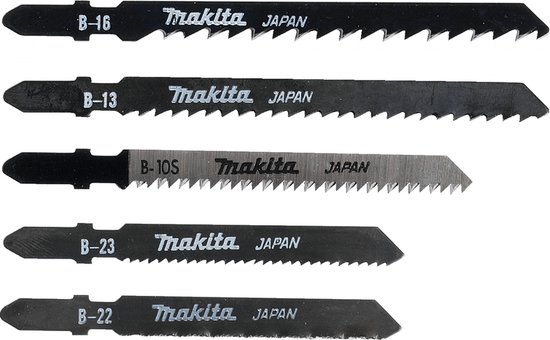 Vijf Makita decoupeerzaagbladen van metaal, met de aanduidingen B-16, B-13, B-10S, B-23 en B-22.