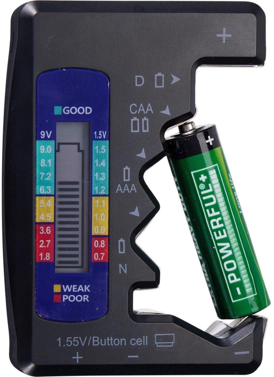 FX Tools Batterijtester - universeel - stroomniveau tester - 9 x 6 cm - abs kunststof en metaal - zijn de batterijen nog vol