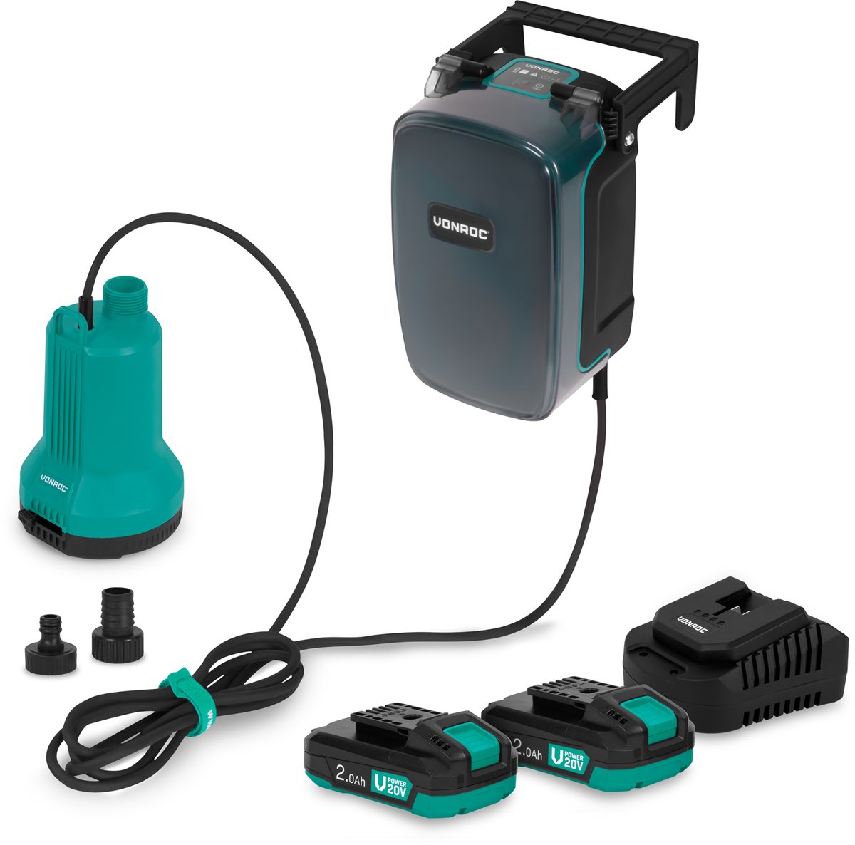 VONROC Accu Dompelpomp 20V - 90W – 4.500 l/h, 0,8 bar – vlakzuigend tot 1mm – schoonwater - Incl. 2x 2.0Ah accu en snellader