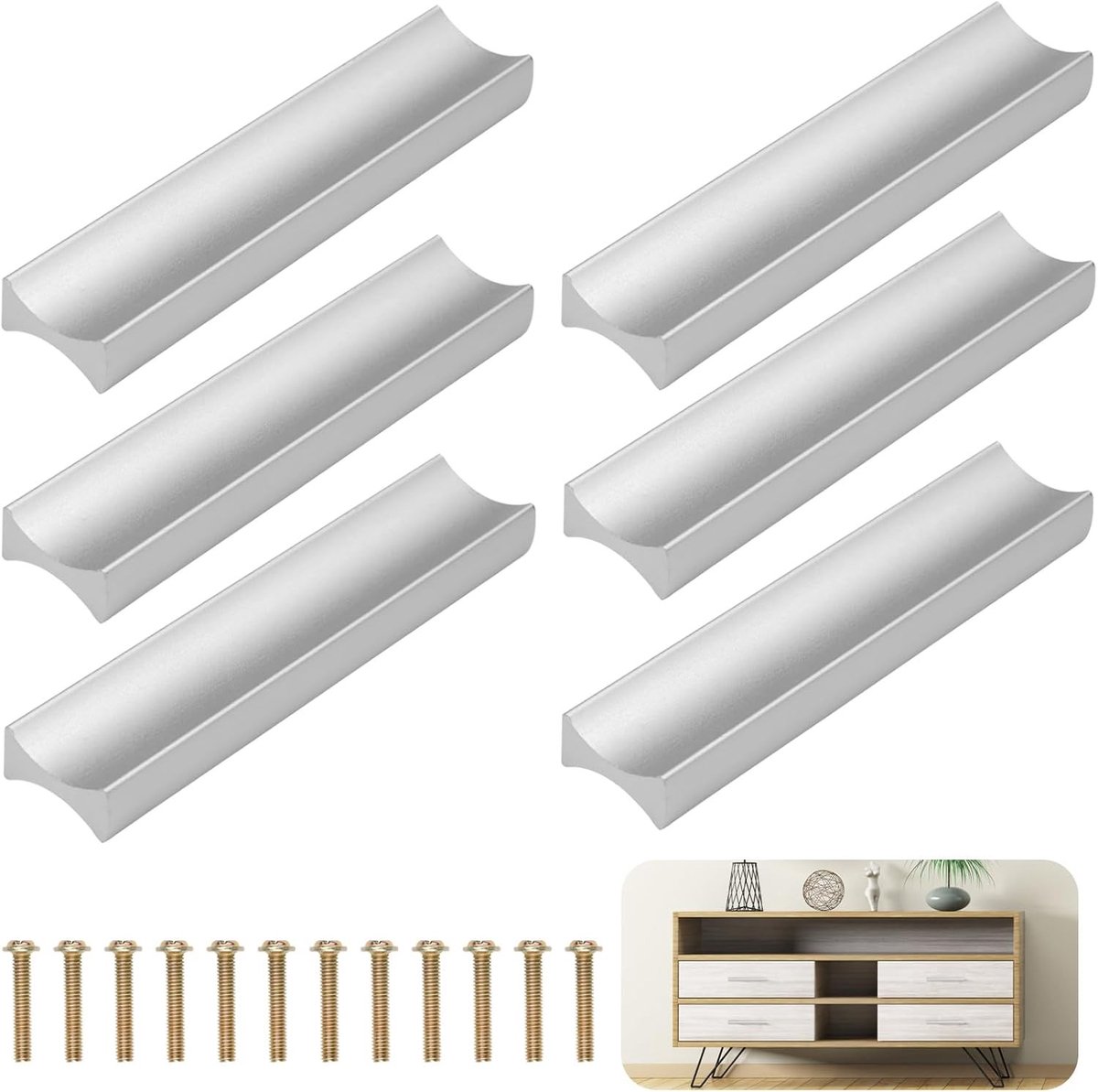 Set van 6 Aluminium Deurgrepen voor Keukenkasten en Meubels - Moderne Handgrepen voor Lades en Kasten (Zilver)
