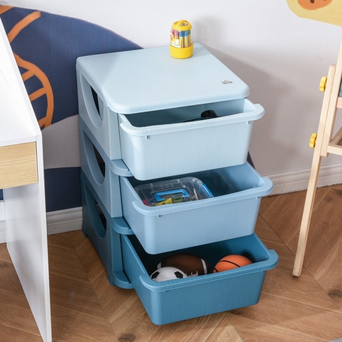 MODFU Kinder Opbergkast - 3 Lades - Afgeronde Hoeken - Blauw - 37 X 37 X 56,5 Cm