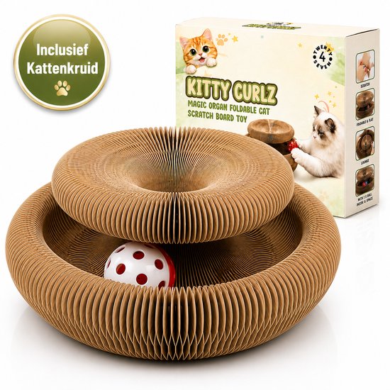 Krabmat voor katten in de vorm van twee cirkels, inclusief kattenspeeltje en kattenkruid. De doos toont de tekst 'Kitty Curlz'.