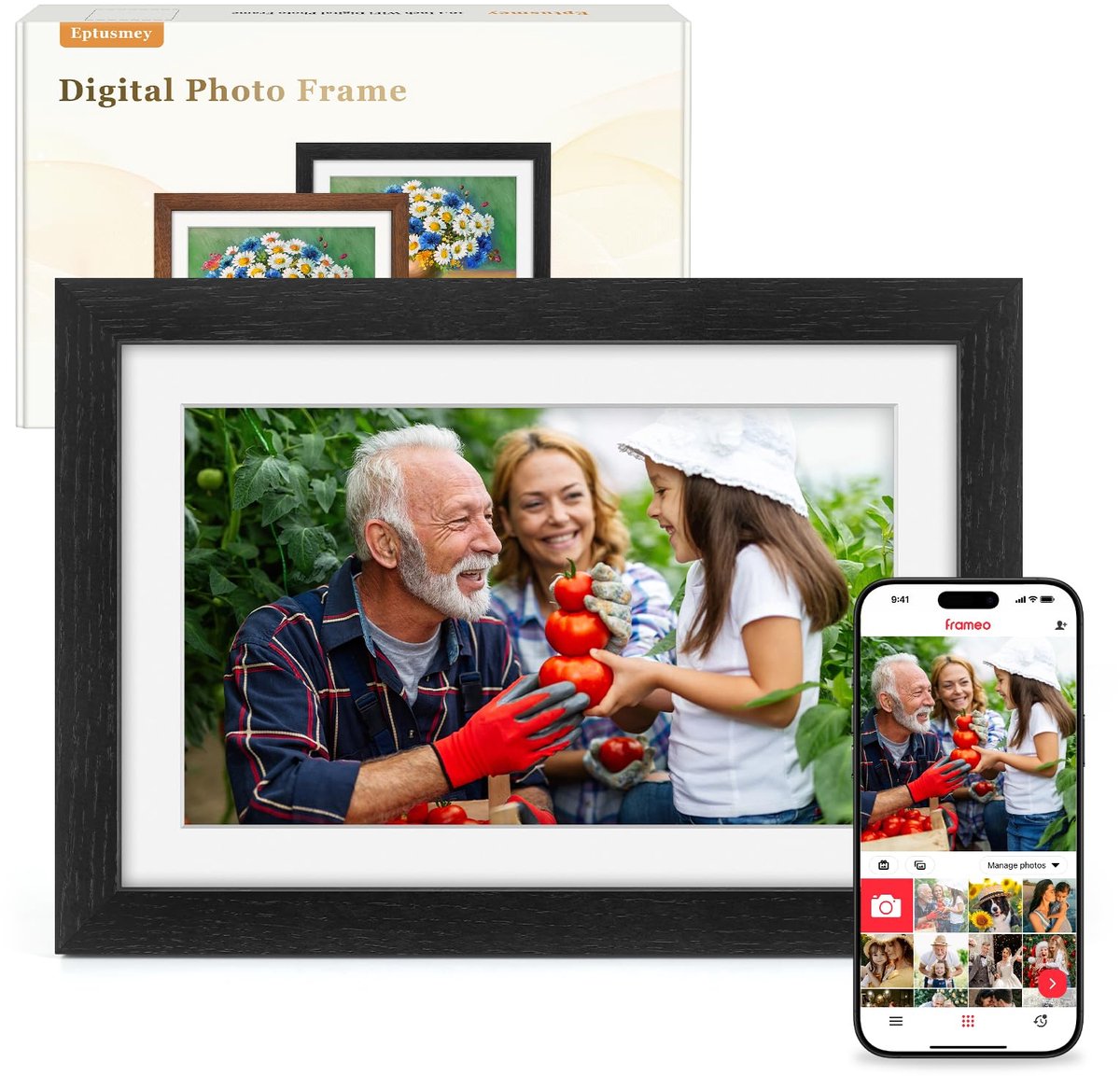 Digitale Fotolijst 10,1 inch – WiFi – IPS Touchscreen – 32GB Geheugen – Automatische Rotatie – Houten Frame