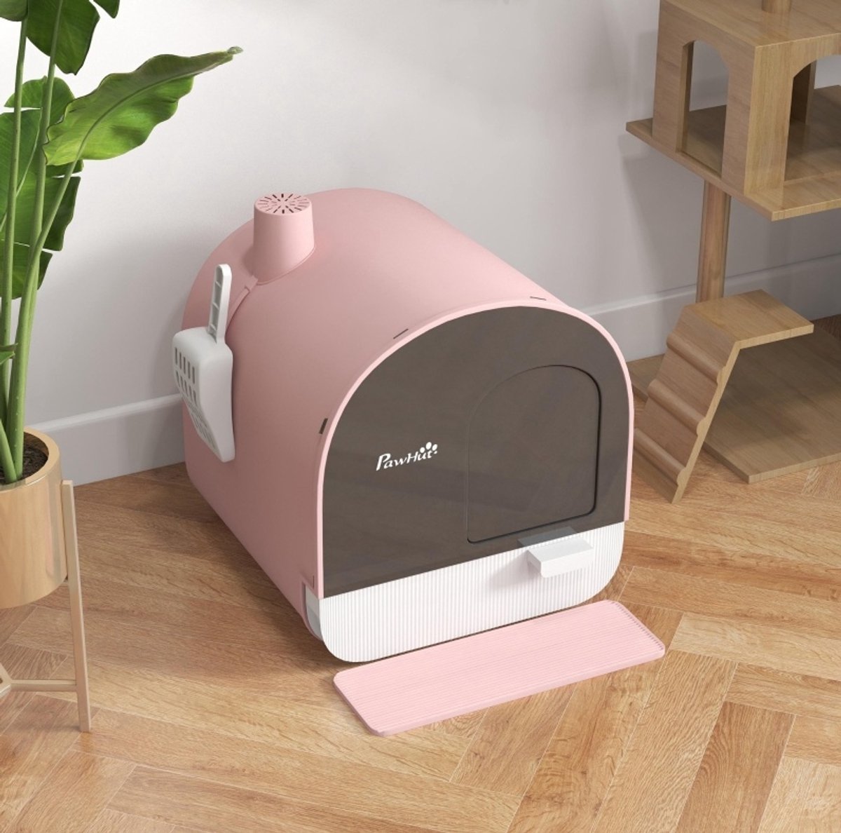 MODFU - Gesloten Kattenbak - Met Deksel - Streuschaufel - Schmutzfangmatte - Kunststof - Roze/Zwart