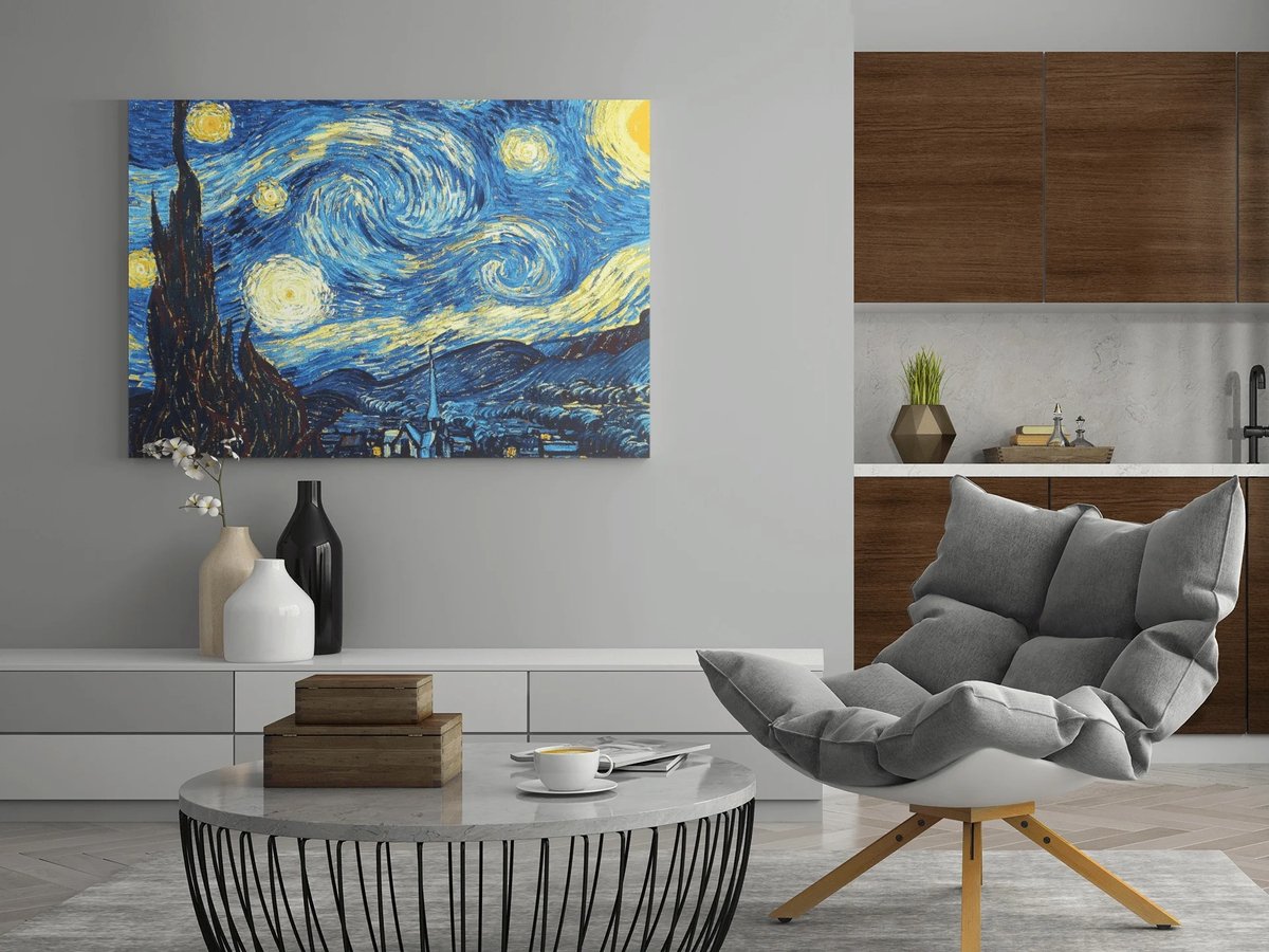 Trendex Global Canvas Schilderij - Van Gogh Starry Night - Kunst - Grote Schilderij - 150x100x2 cm Blauw