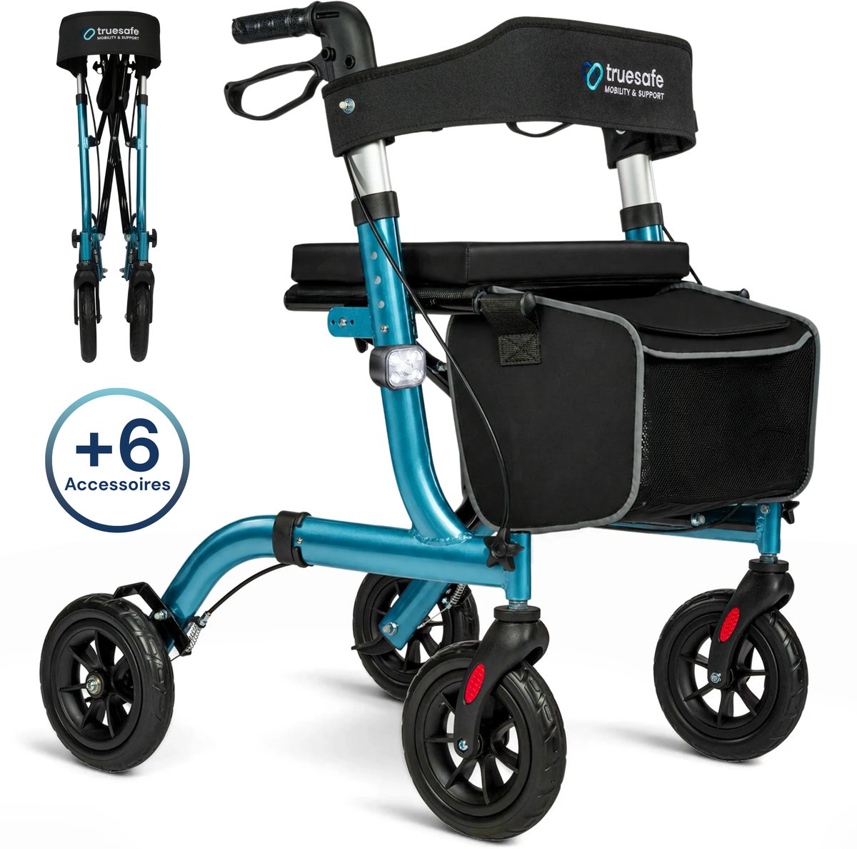 TrueSafe Rollator lichtgewicht en opvouwbaar (6,9 kg) - Voor binnen en buiten - Incl. ergonomisch zitkussen, verlichting, rugleuning, wandelstokhouder en meer - Blauw