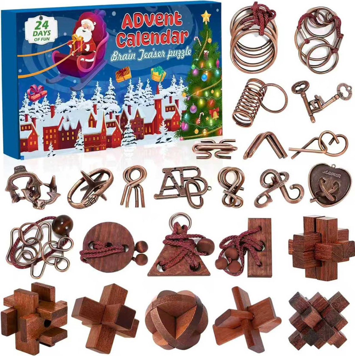 Adventskalender Puzzels - Kerstkalender Breinbrekers - Feestdagen Aftellen - 24 Houten Metalen - 32.5 x 19 cm - Blauw