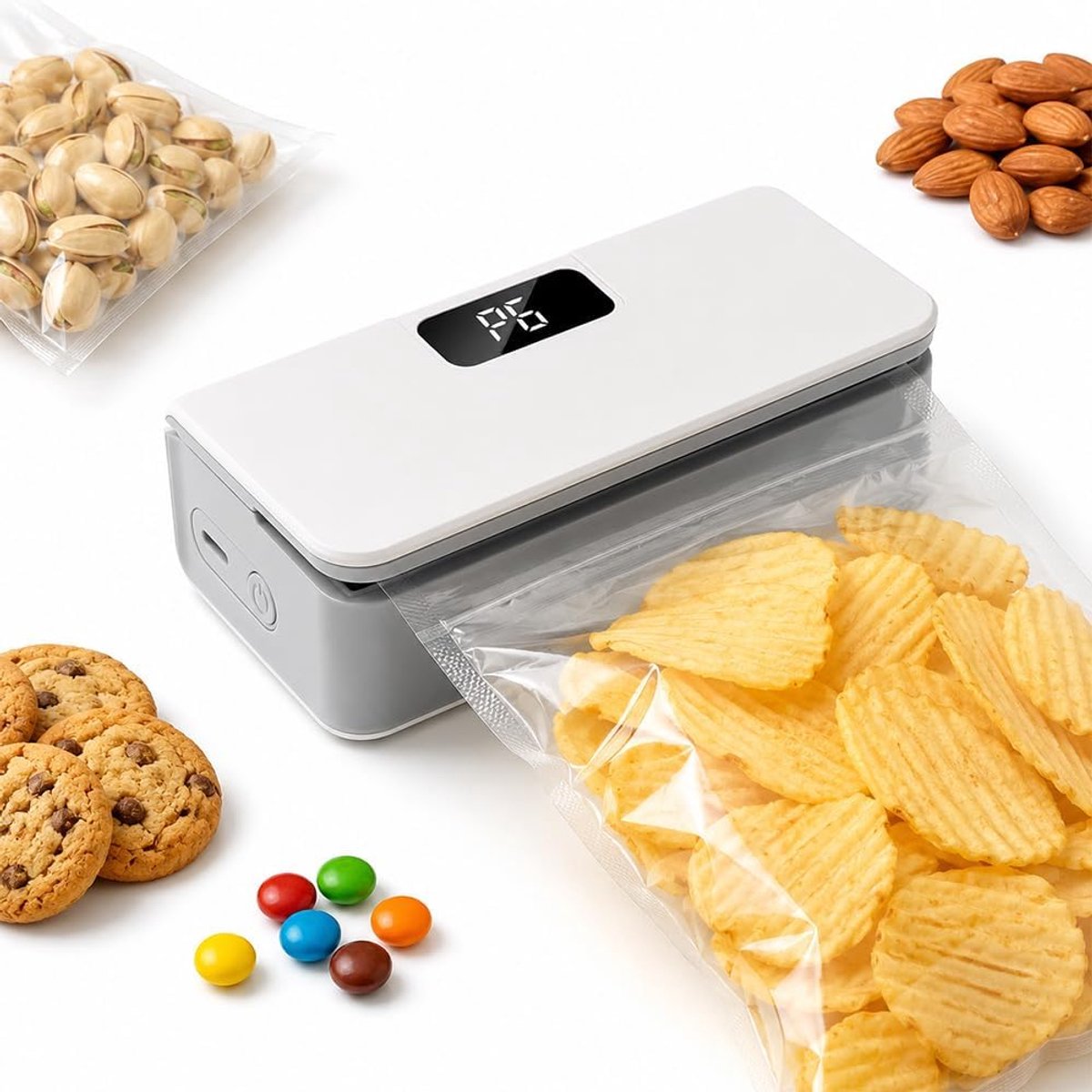 Mini Bag Sealer - 8 Warmtestanden - Dubbelzijdig sealen en snijden - Sterke magneet op de achterkant - Draagbare Heat Sealer - oplaadbaar - met LED-display - Chipzak Sealer - voor plastic zakken, tassen，snacks en voedselbewaring - Wit